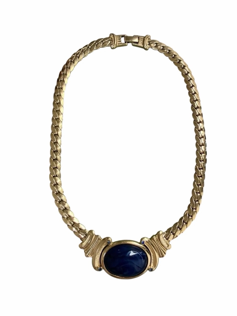 Vintage Trifari Necklace with Navy Blue Cabachon and Rhinestones